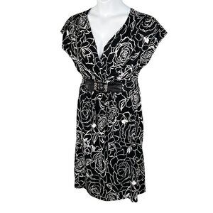 Y2K Womens XL Black Rose Babydoll Dress Vegan Leather Belt Stretchy Fairy Grunge